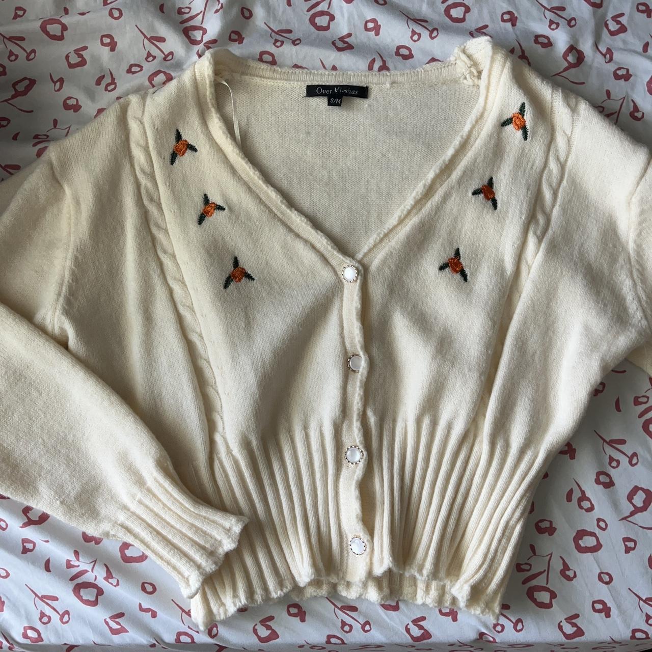 Dainty cream cropped cardigan with embroidered... Depop