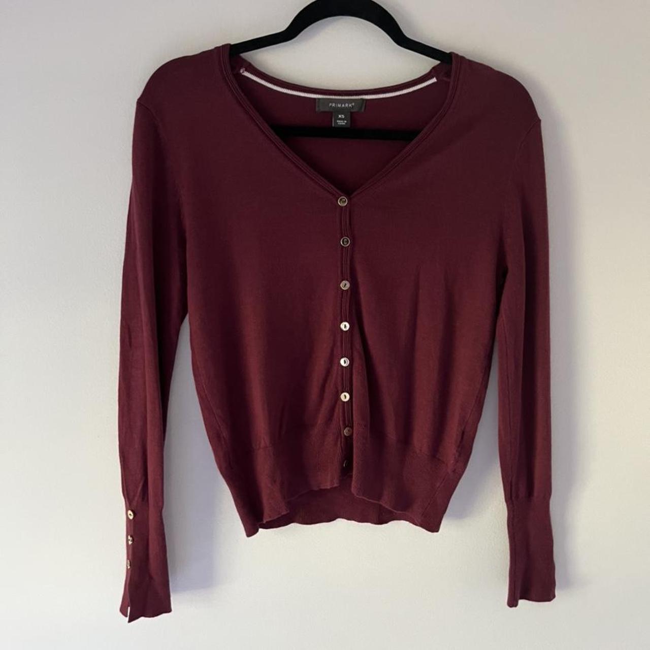 Lightweight burgundy colored cardigan with gold... - Depop