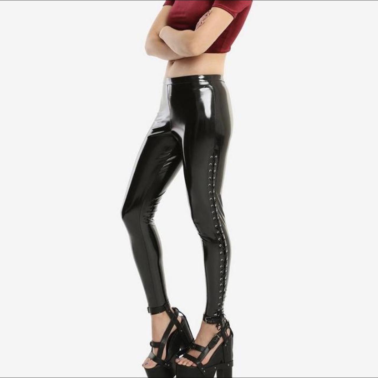 Hot topic: Black Vinyl Side Lace-Up Leggings Size :... - Depop