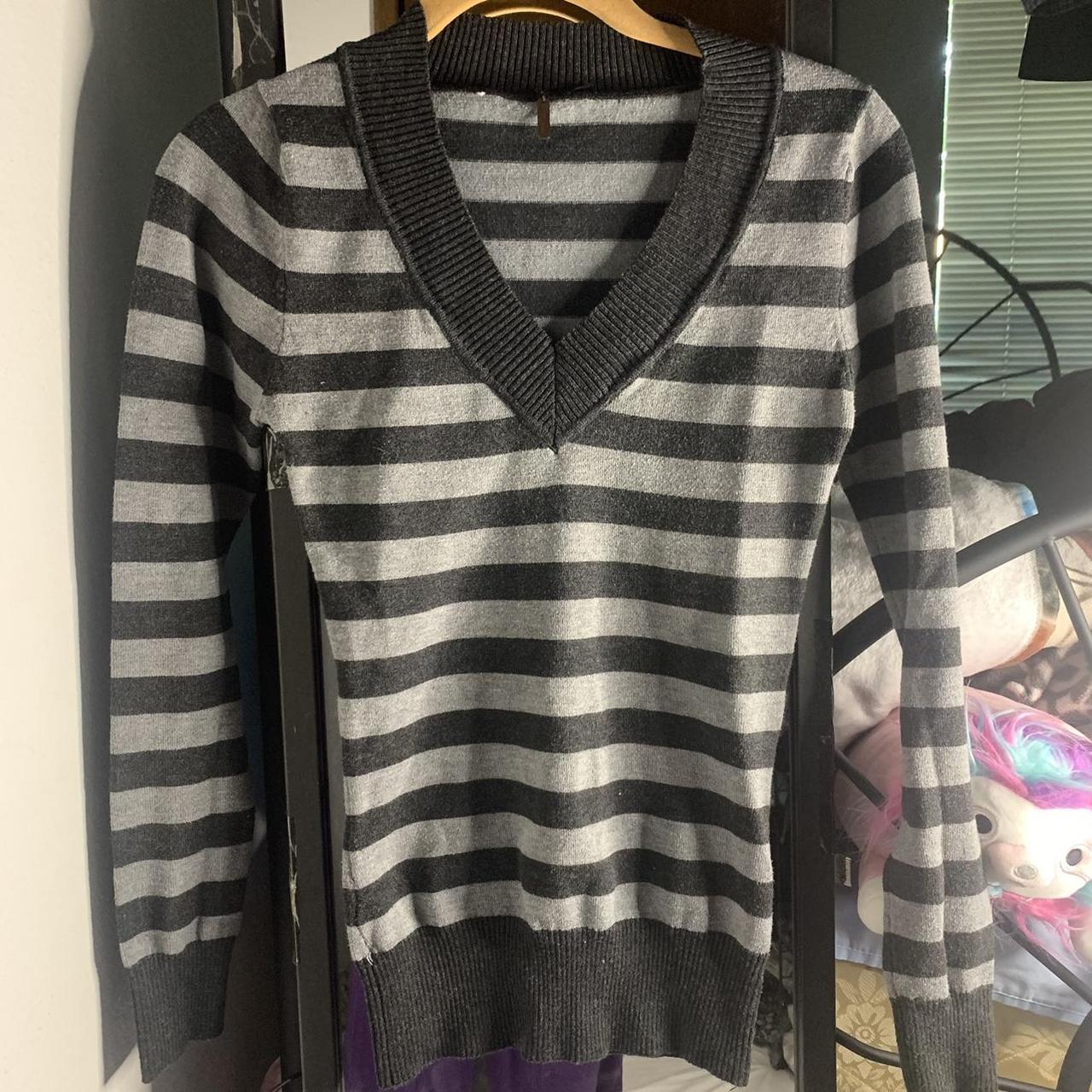 grey sweater / poof - v-neckline. striped long... - Depop