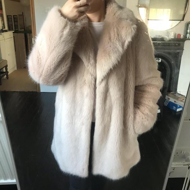 Zara pink mink faux fur coat size medium would fit. Depop