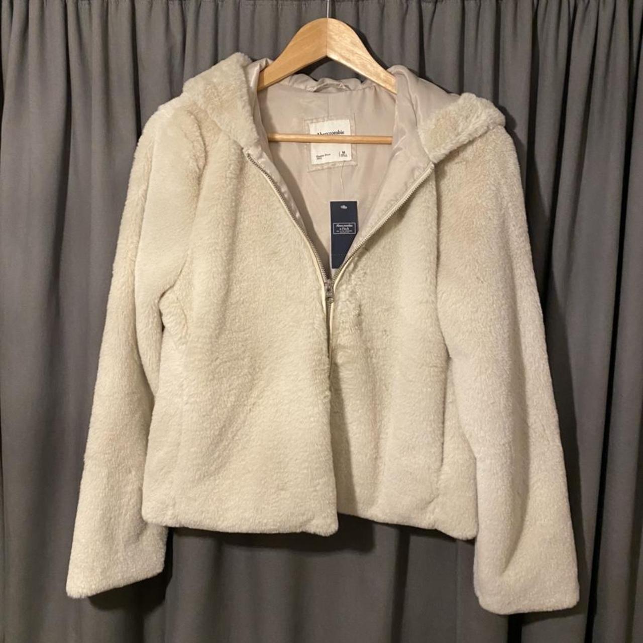 Abercrombie & Fitch cream hooded faux fur jacket.... Depop