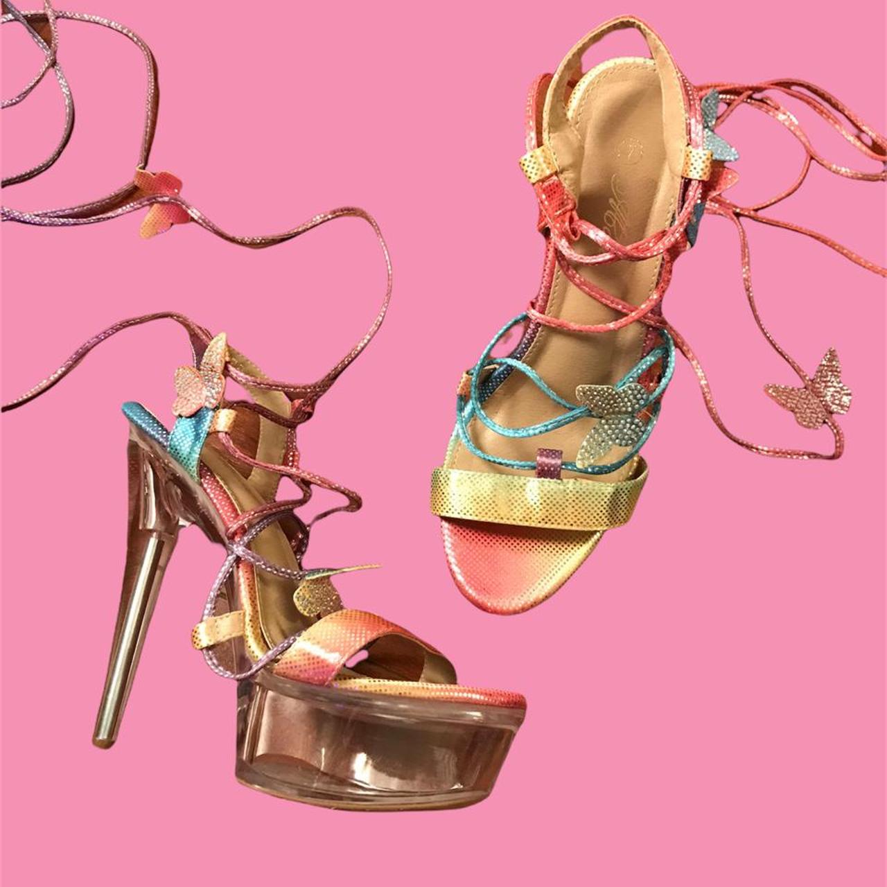 Dolls Kill Butterfly Rainbow Lace Up Platform Heels... Depop