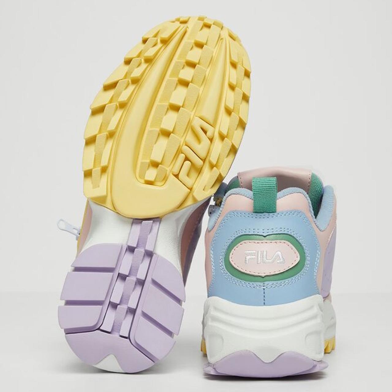 Fila pink lilac and yellow disruptor 2025 3 zip sneakers