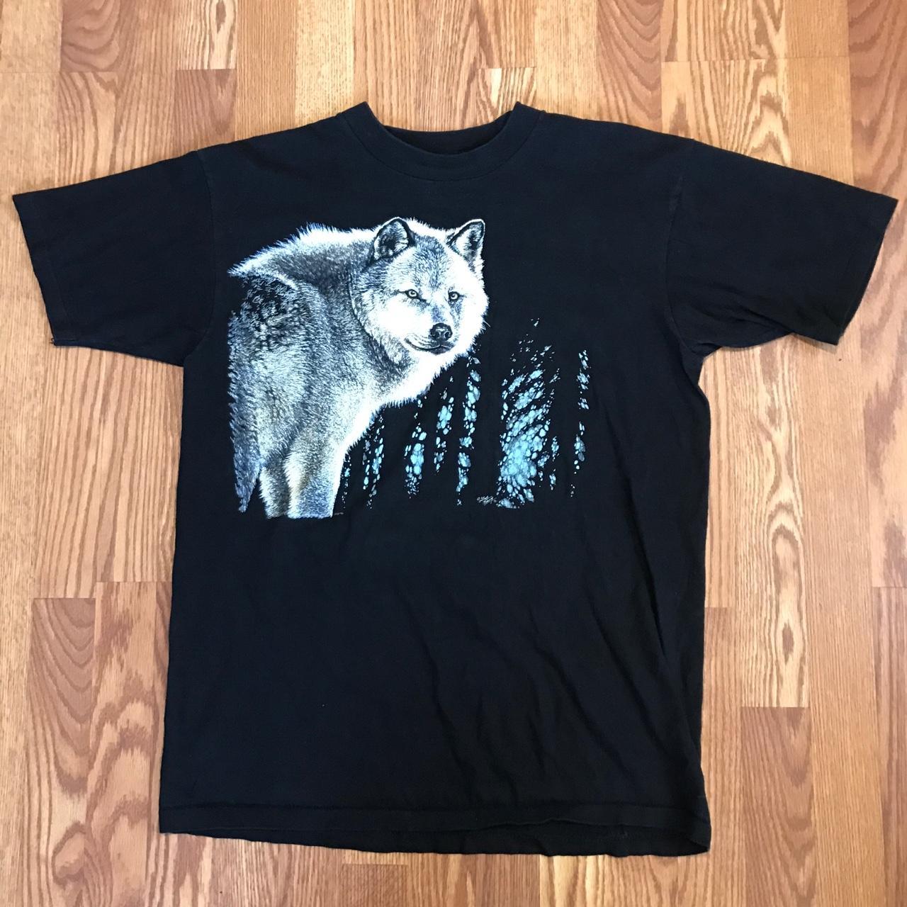 Vintage 1990 Wolf art printed on USA Made Oneita... - Depop