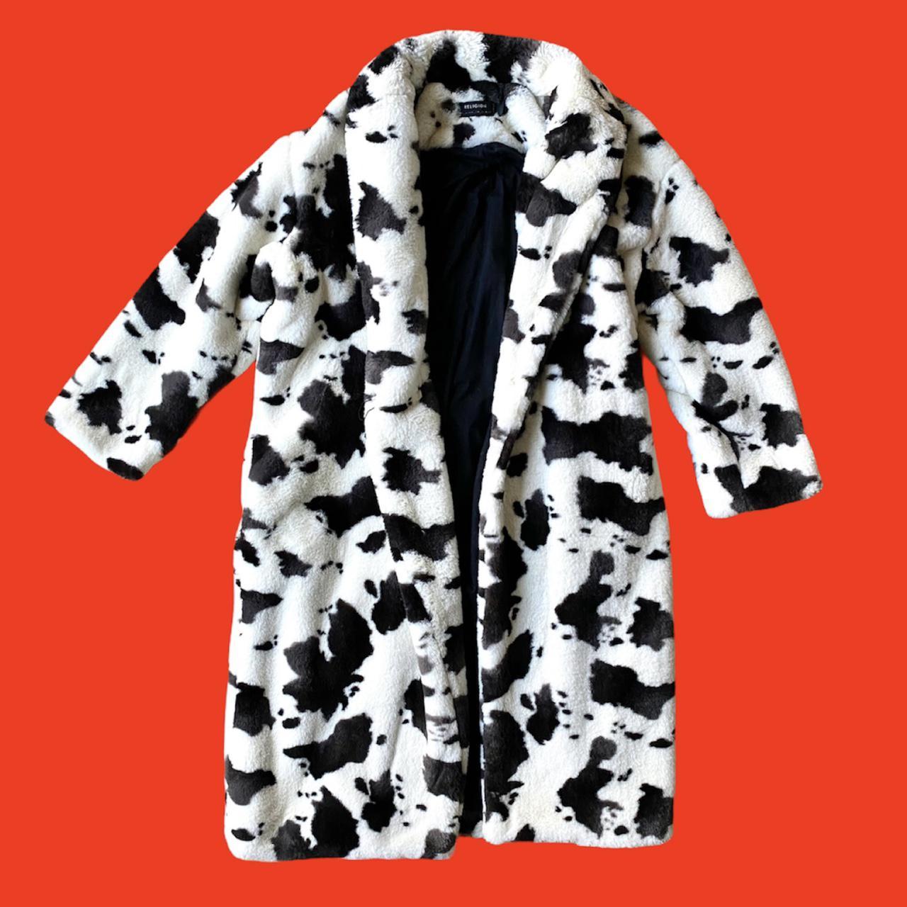 ASOS Religion Longline Coat in Cow Print Faux Depop