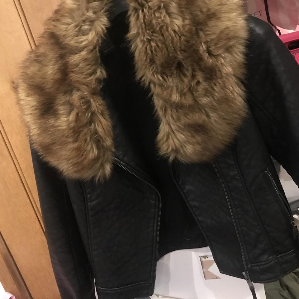 Topshop Faux Leather Moto Jacket With Removable Faux Fur Collar