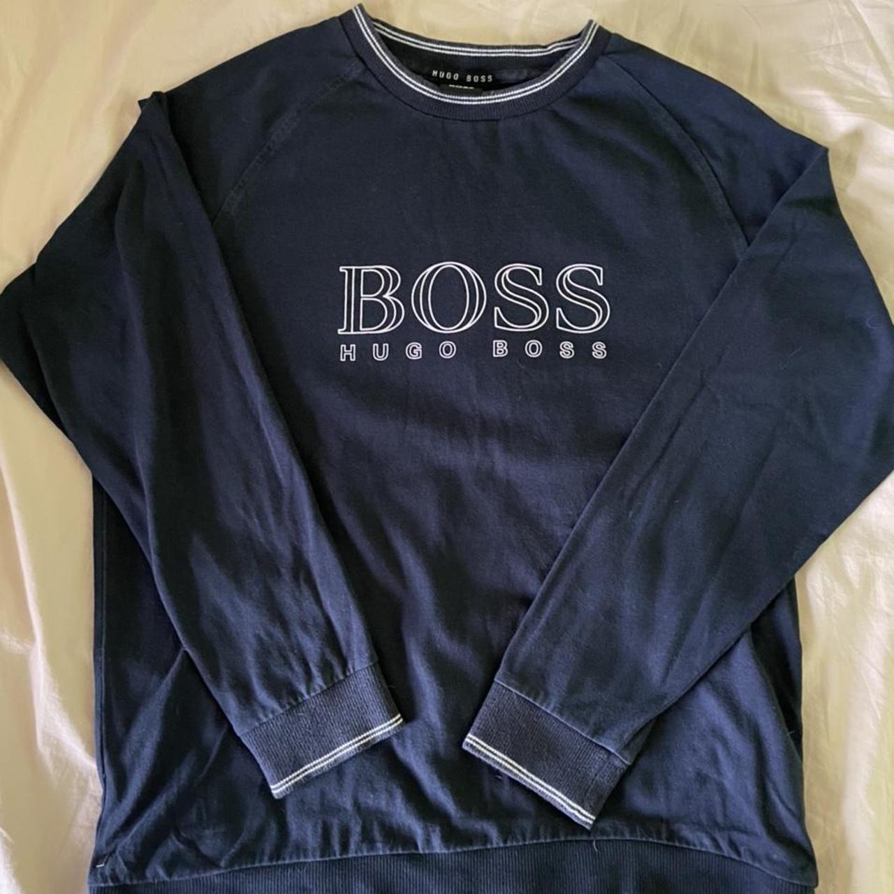 Hugo Boss Men's Navy and White Jumper | Depop