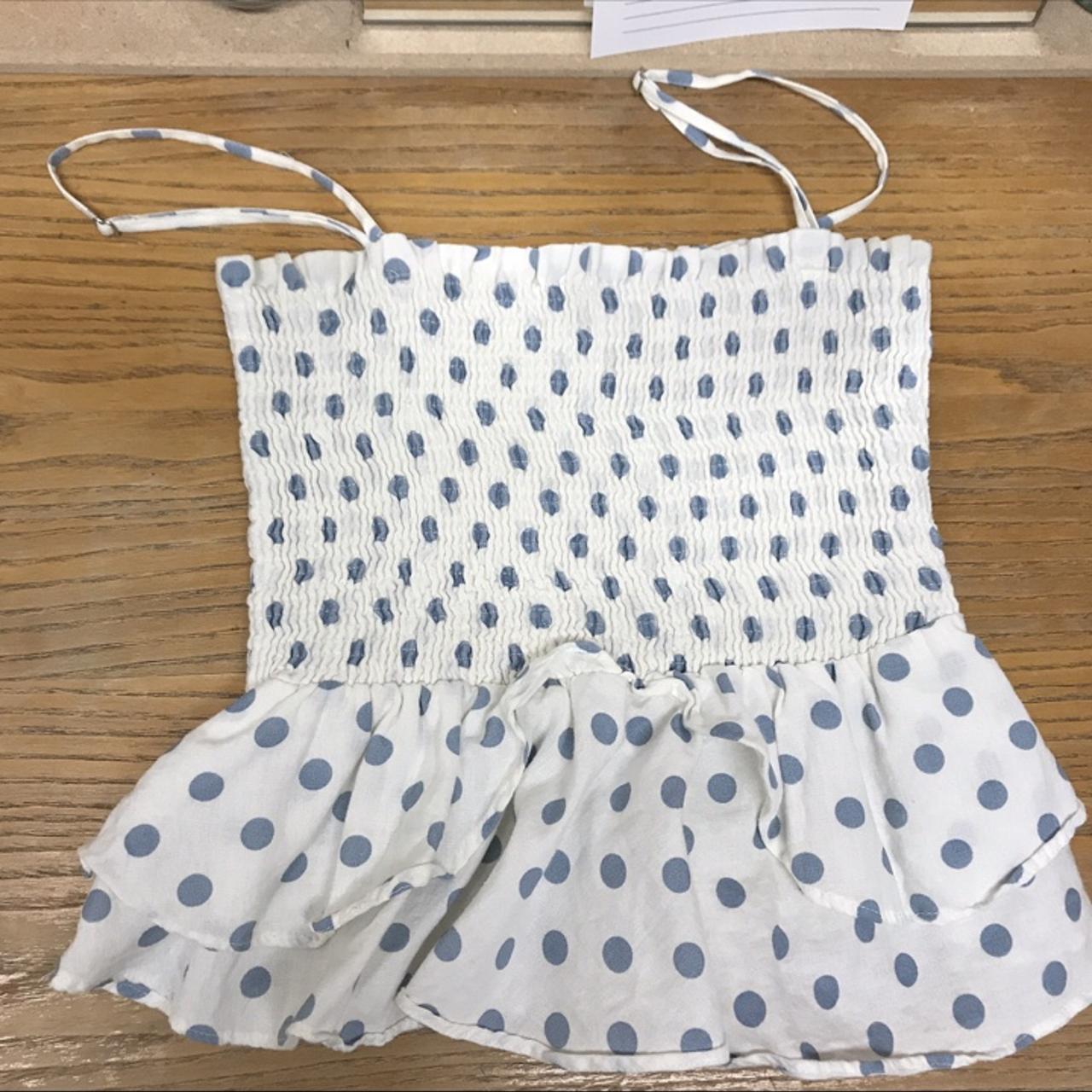 White with blue spots frill rouched top Straps can... - Depop