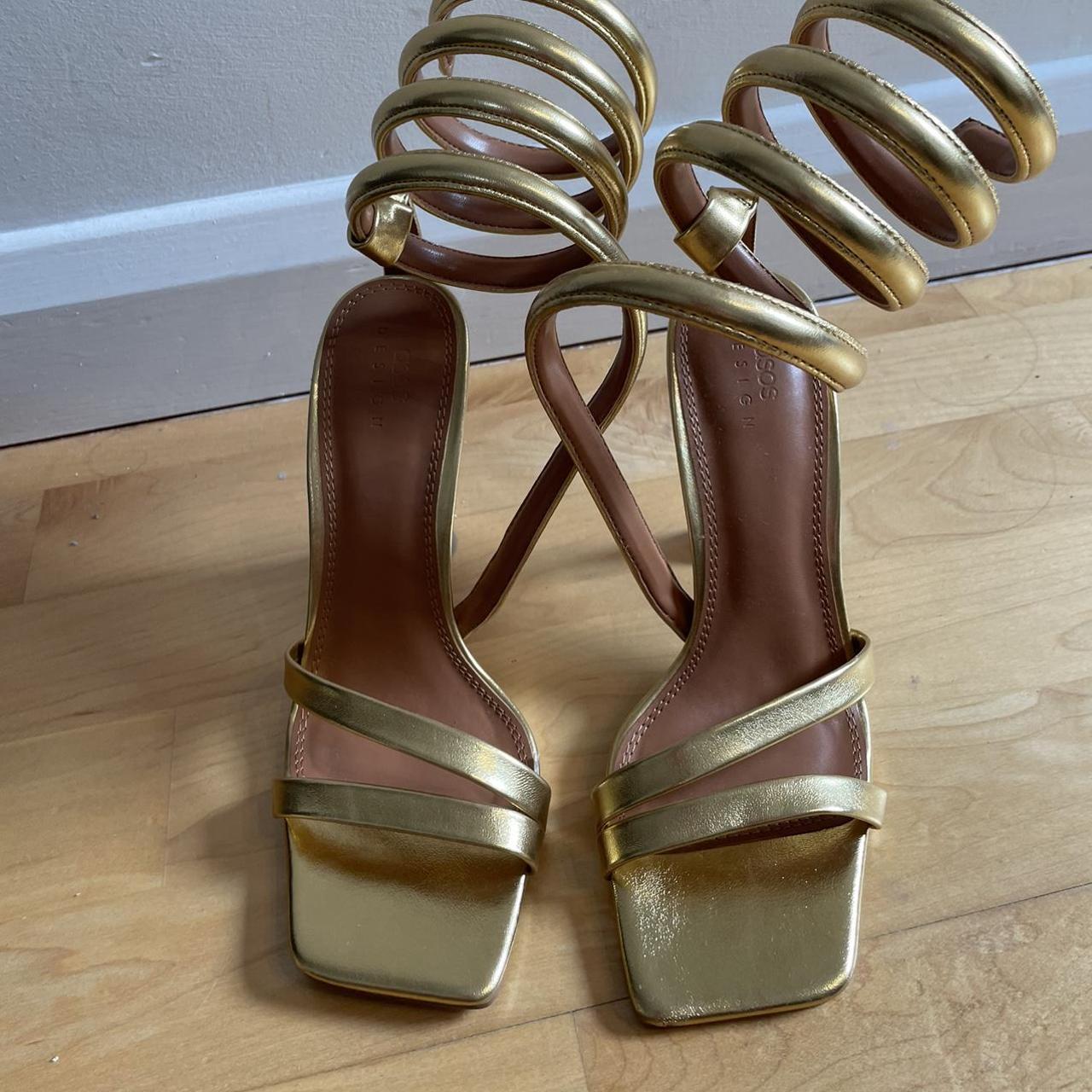 ASOS Gold Ankle Wrap Heels Worn by Millie Court... Depop