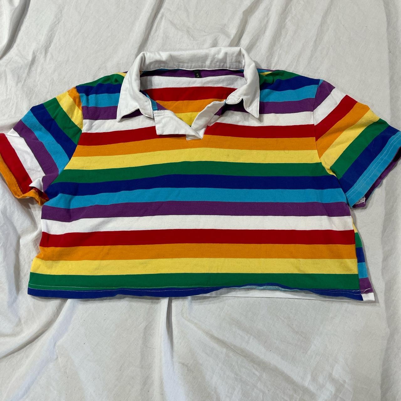 rainbow striped crop polo top with white collar gay... - Depop