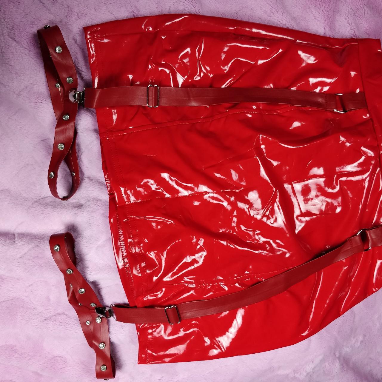 PVC red mini skirt with leg straps diamante... Depop
