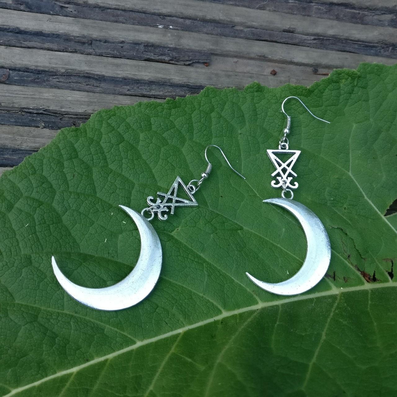 Lucifer sigil and crescent moon silver tone earrings... - Depop