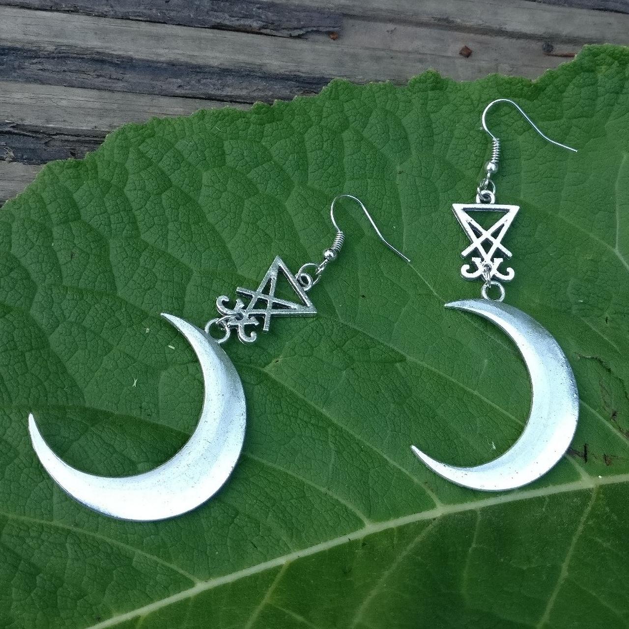 Lucifer sigil and crescent moon silver tone earrings... - Depop