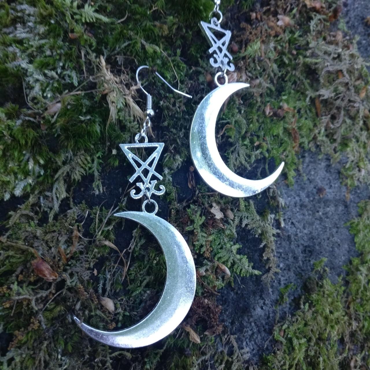 Lucifer sigil and crescent moon silver tone earrings... - Depop