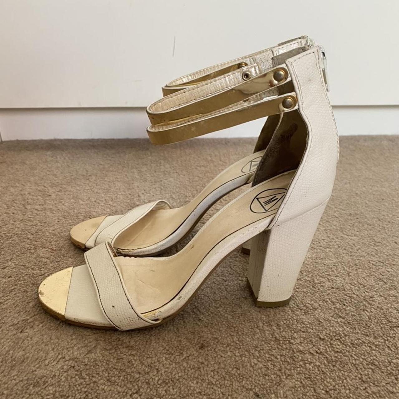 Missguided white block heels with gold straps. size... - Depop