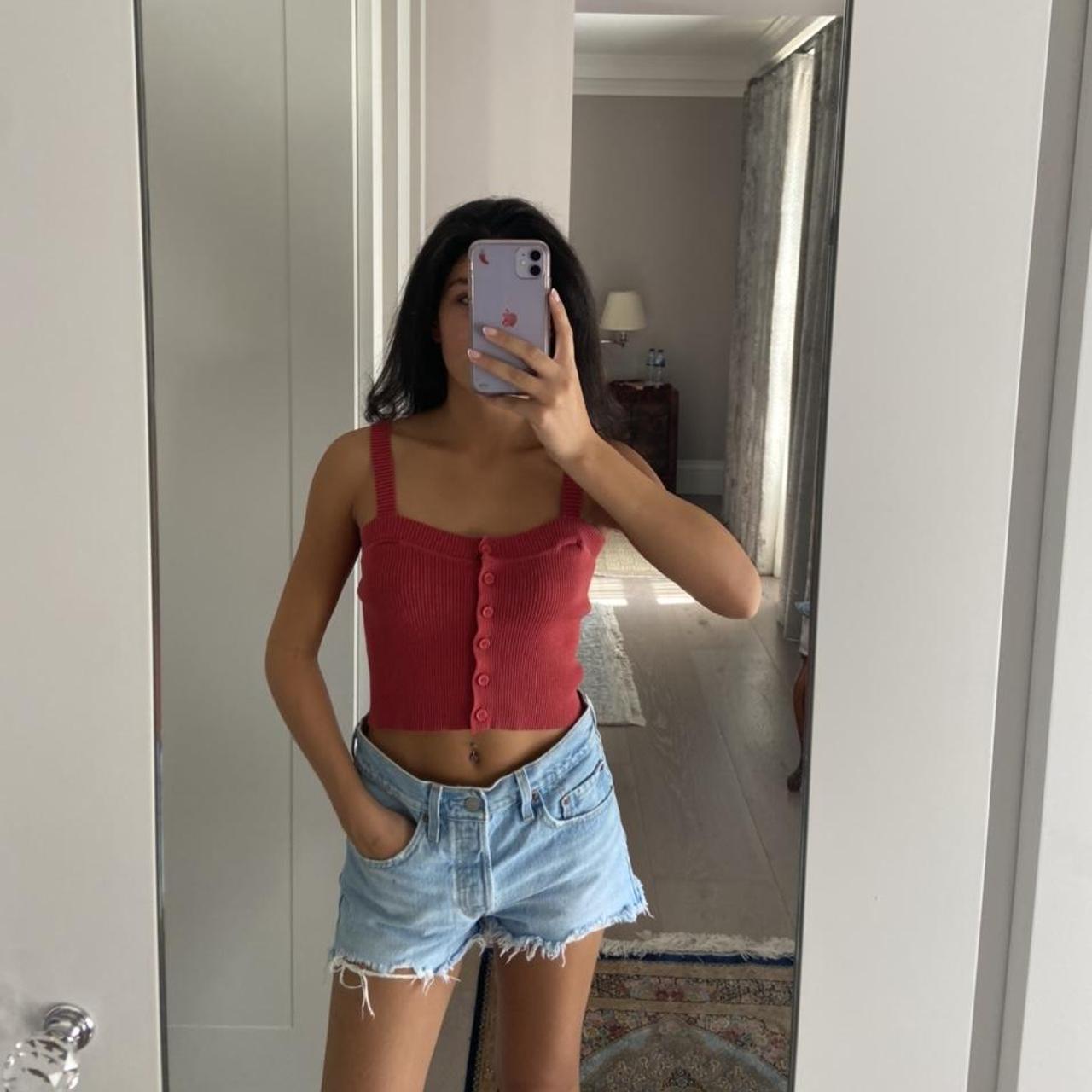Brandy Melville red ribbed button down crop top.... - Depop