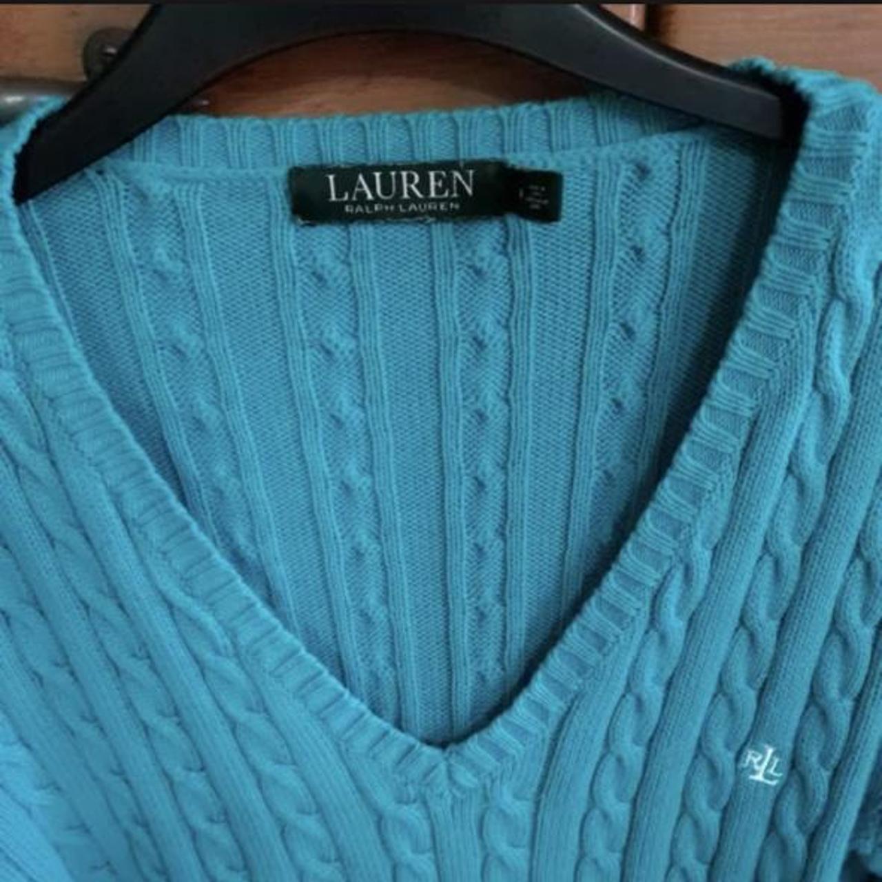 ralph lauren cable knit v-neck jumper, blue with... - Depop