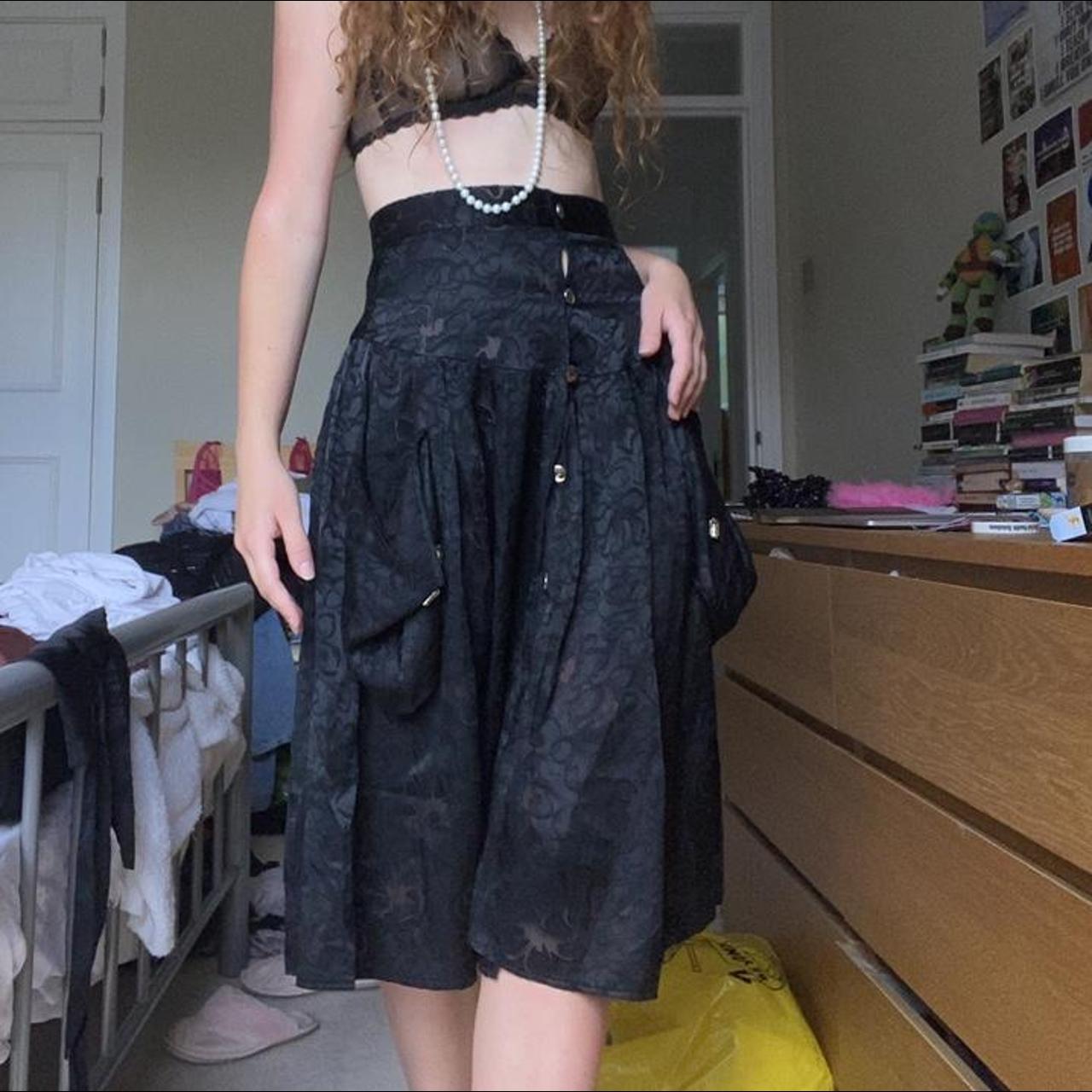 black floral satin & mesh combination midi skirt.... - Depop