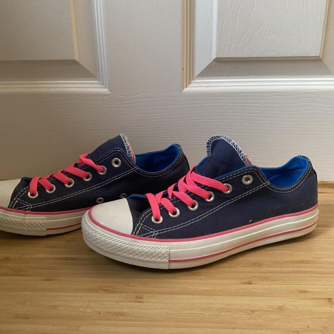 Navy converse with double tongue with neon pink and Depop