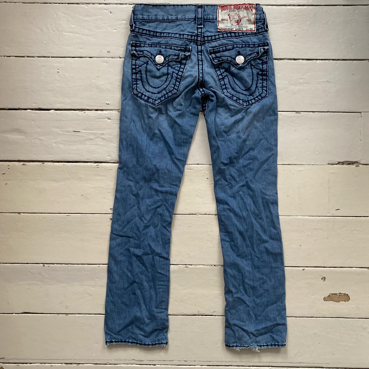 True Religion Ricky Super T Big Navy stitching Jeans... - Depop