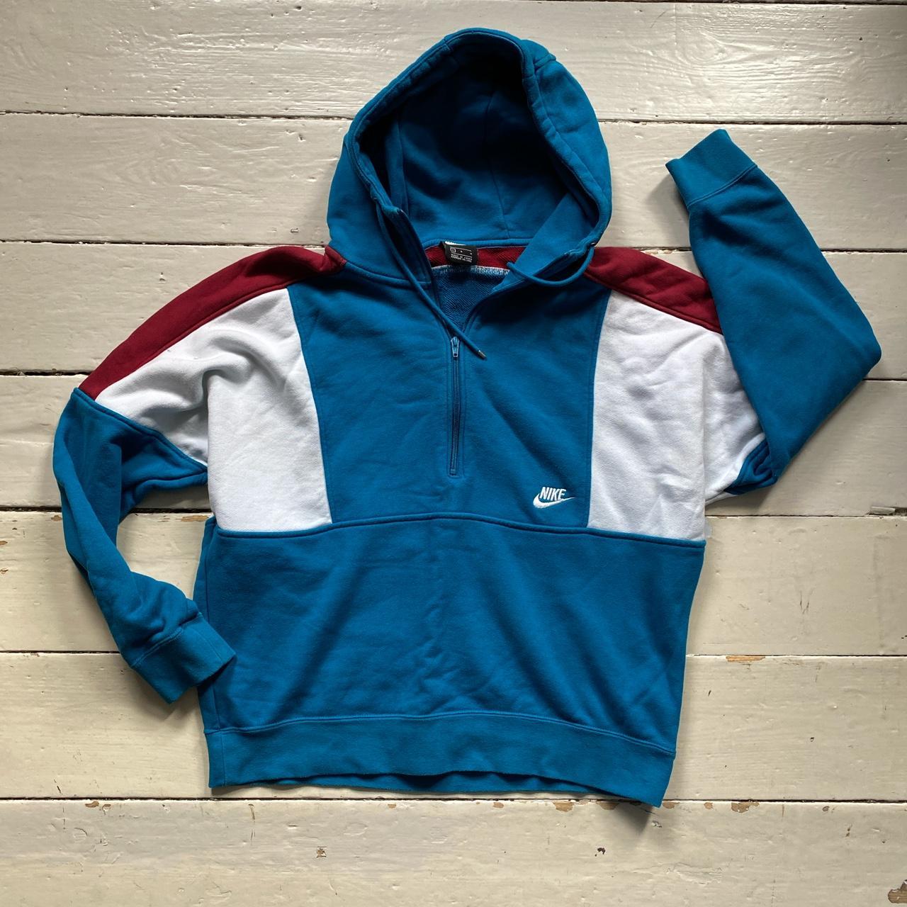 Nike Swoosh White Blue and Red quarter zip hoodie Depop