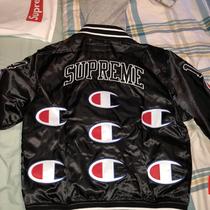 Supreme X Champion Hooded Satin Varsity Jacket Size... - Depop