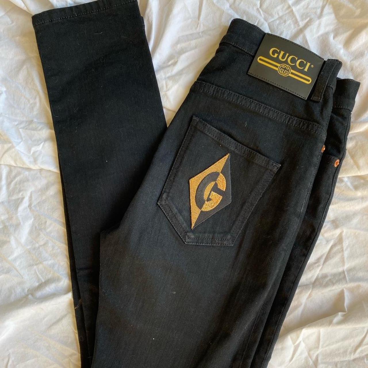 Gucci Women's Black and Gold Jeans | Depop