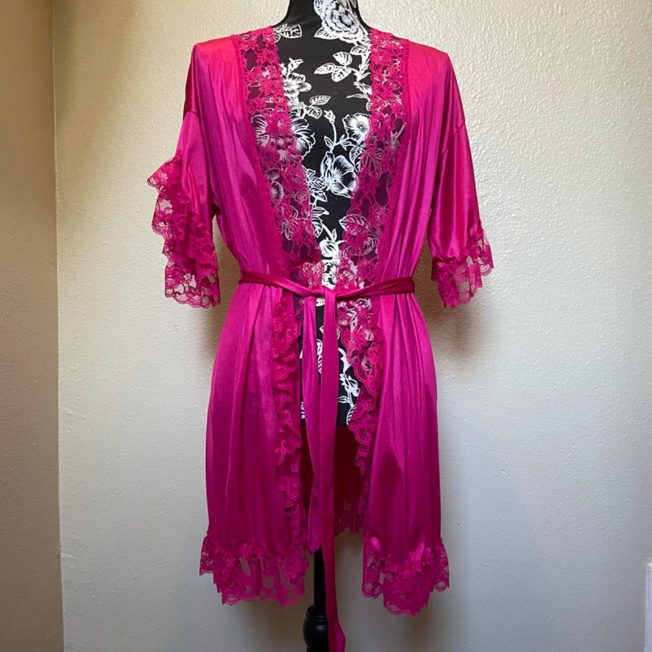 80s hot pink lacy robe. half sleeve and lace in... - Depop