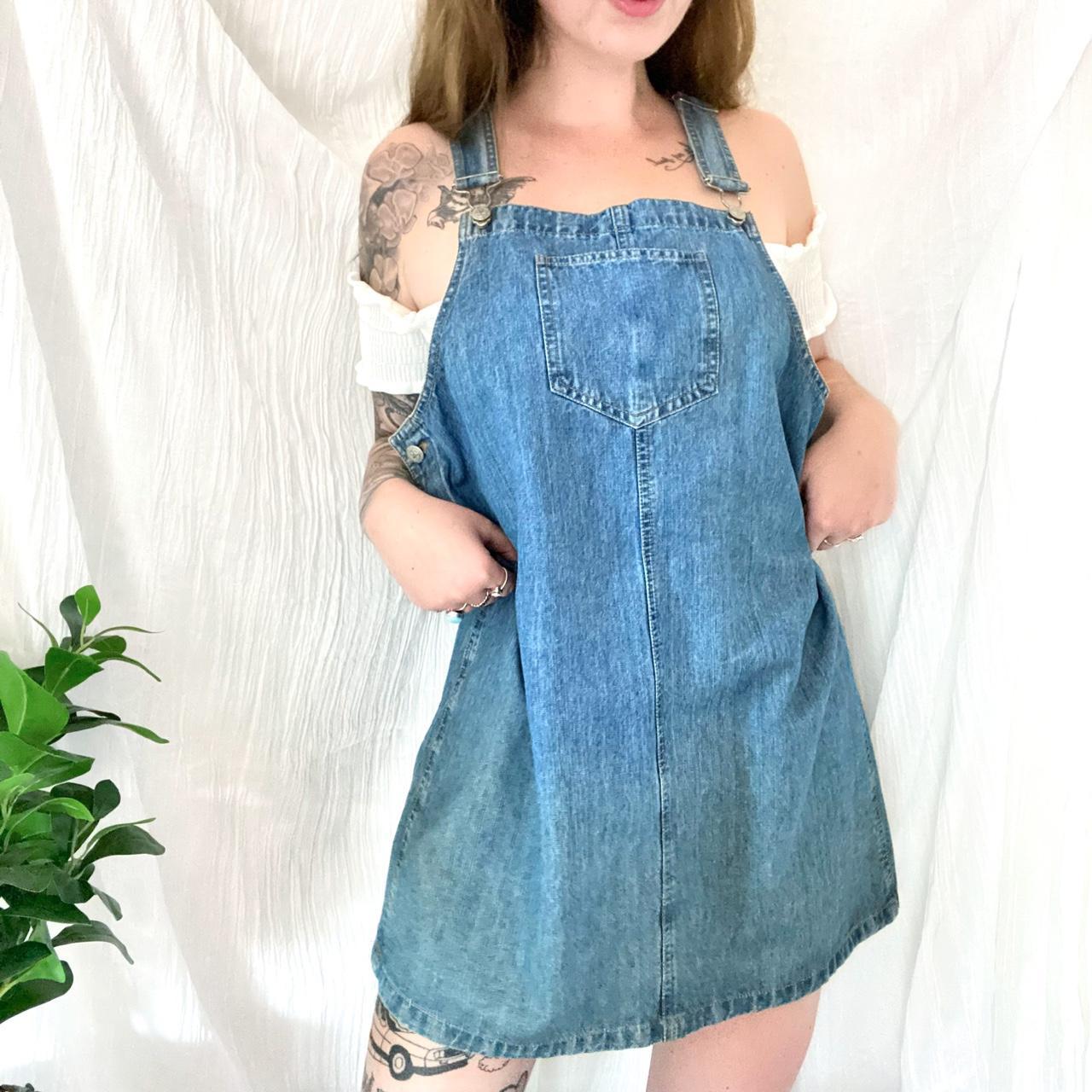 Vintage 90’s medium wash denim pinafore dress... Depop