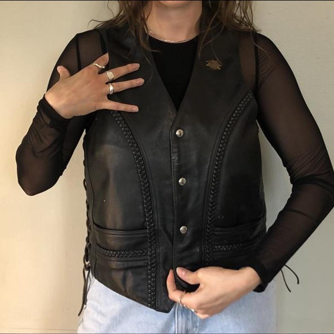 Oversized Black genuine leather vest with tie up... - Depop