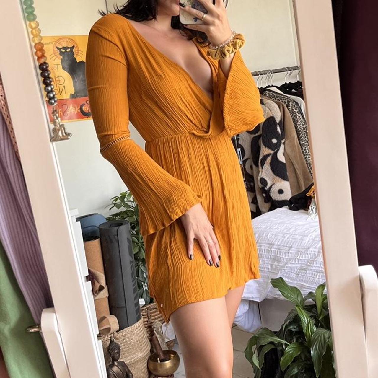 mustard yellow/burnt orange ruched flared wrap... Depop