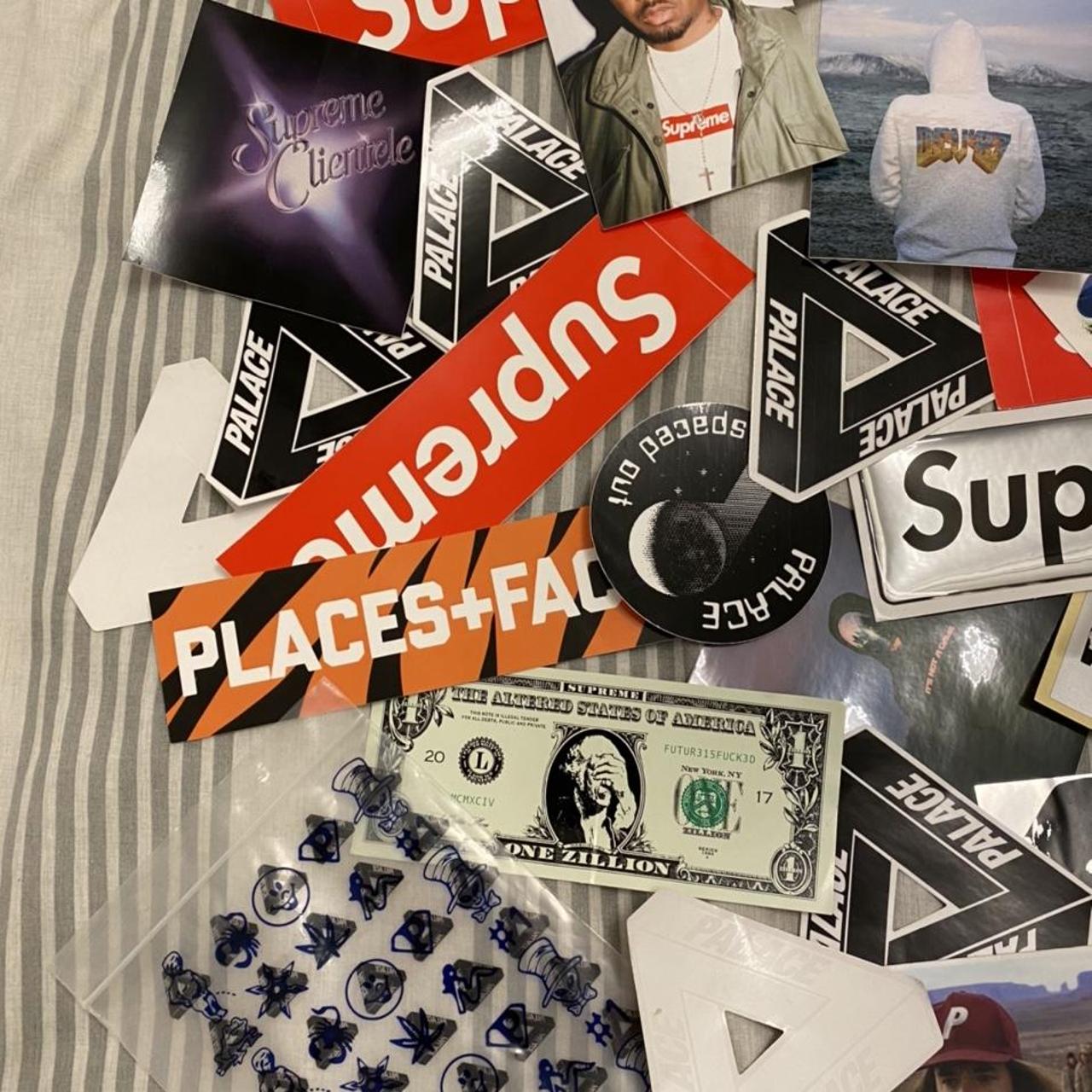 Supreme store and palace stickers and bags