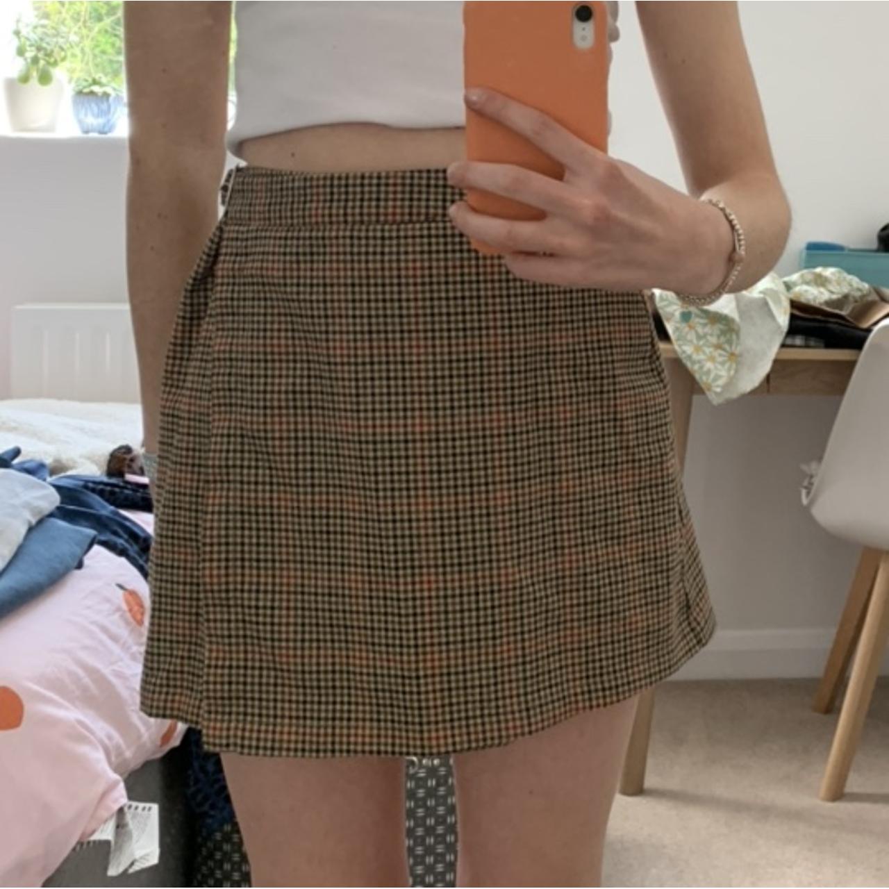 Brandy Melville brown check wrap skirt Side... Depop