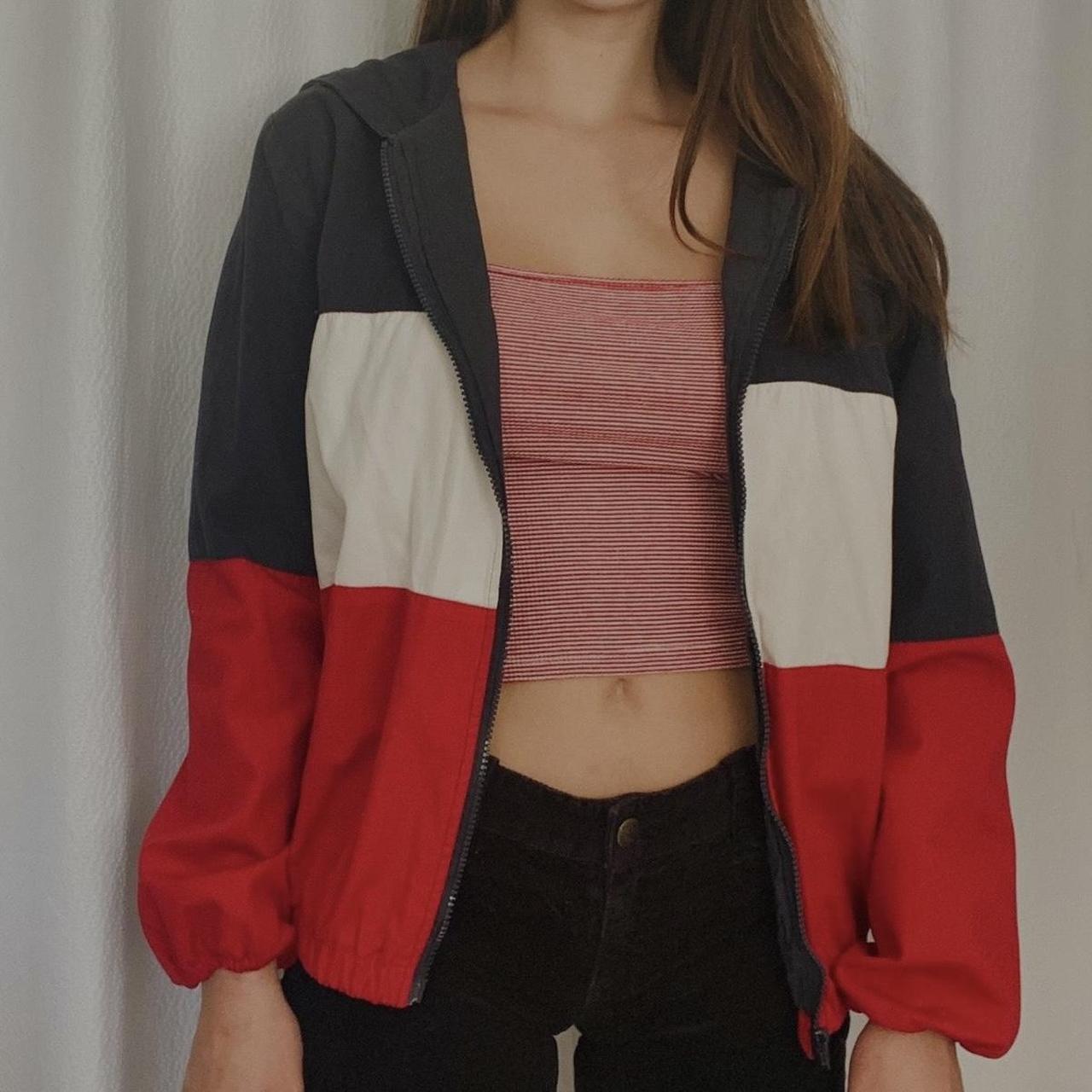 Brandy Melville Women's Navy and Red Coat | Depop