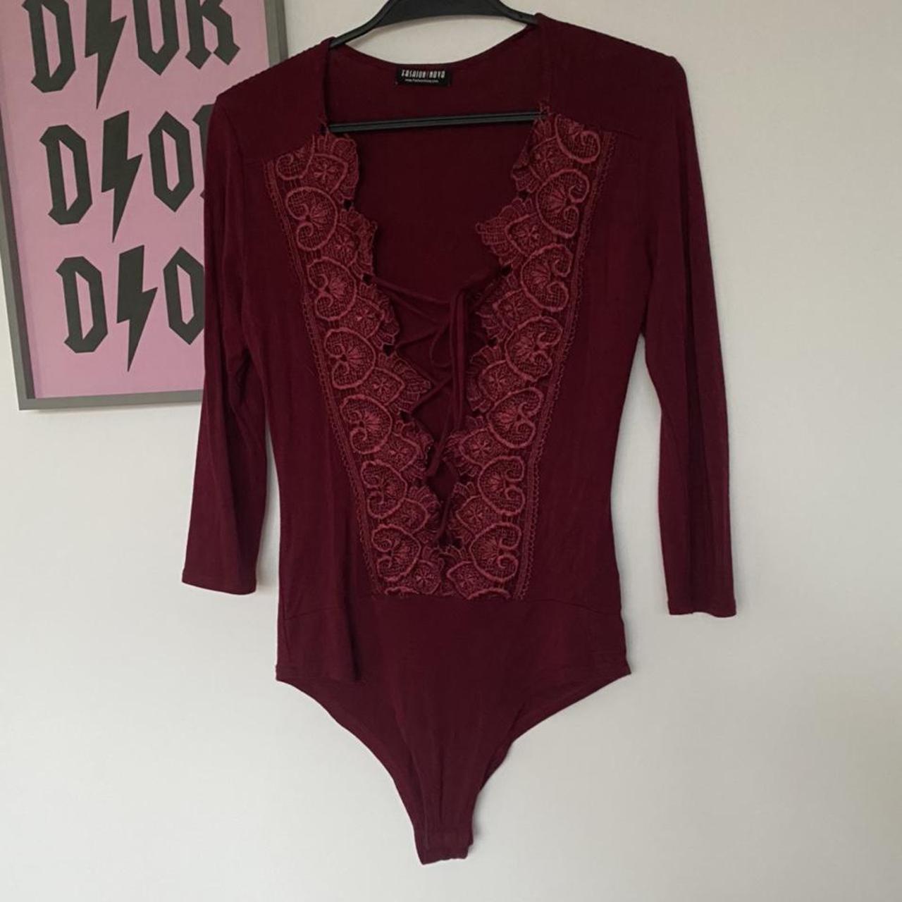 Fashion Nova burgundy lace up front bodysuit, 3/4... - Depop