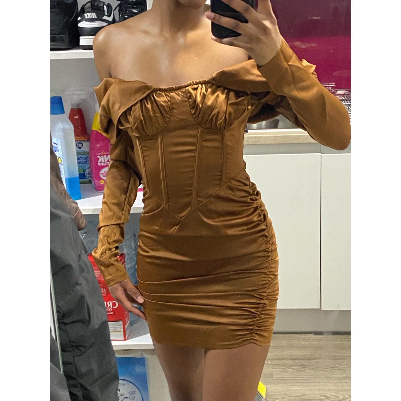 Chocolate Satin Drape Bardot Sleeve Ruched Back - Depop