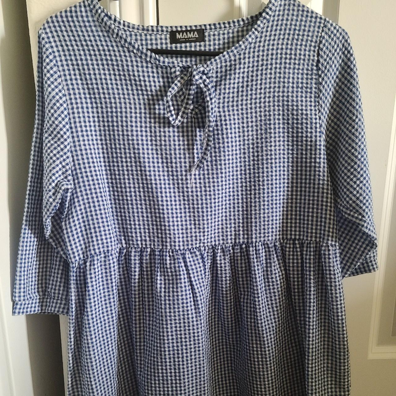 Blue gingham baby doll dress with elbow length... - Depop