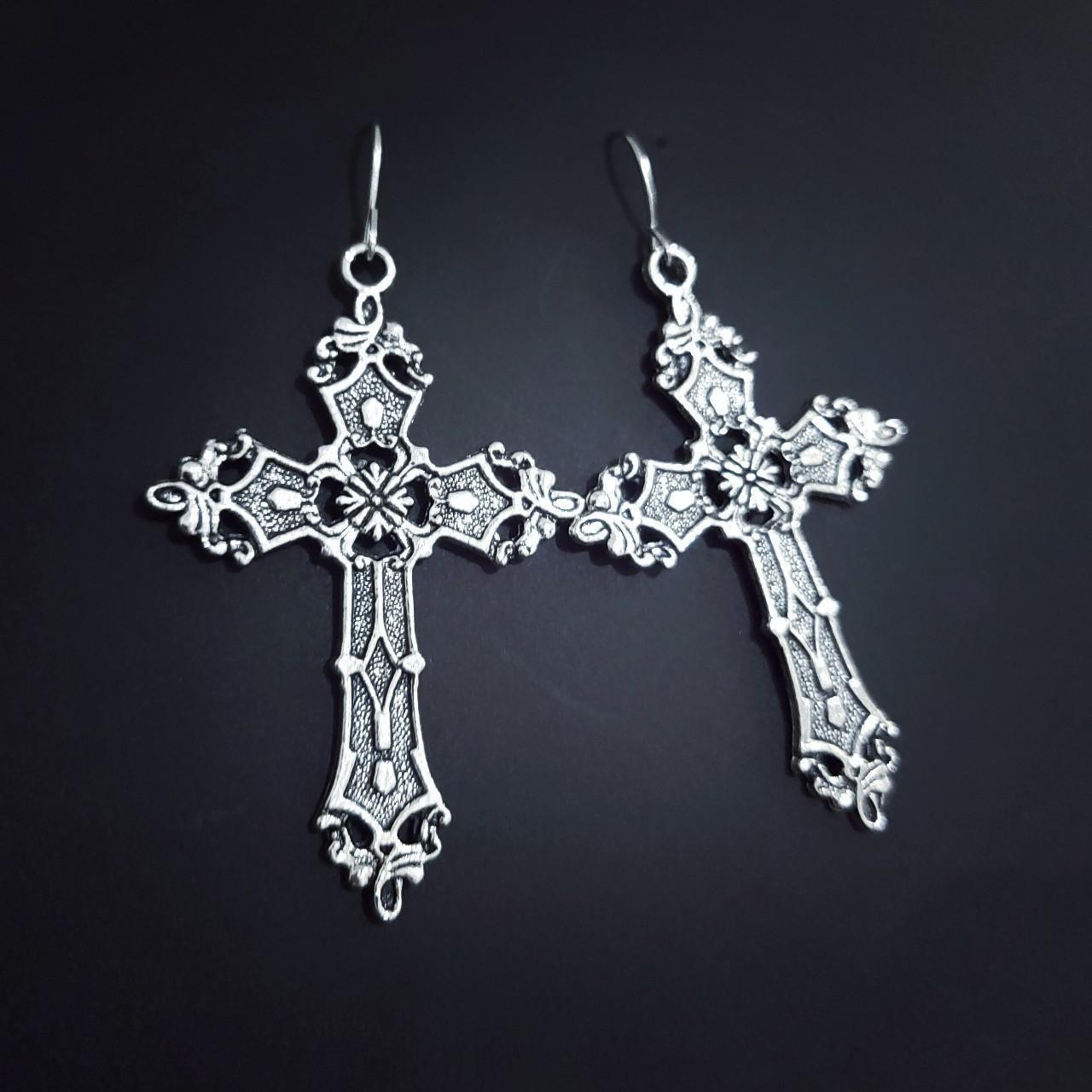 Silver Cross Earrings 021 Antique Silver tone... - Depop