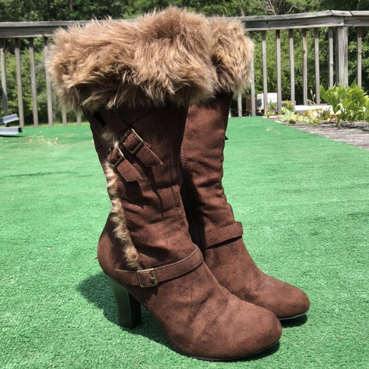 Brown Fur Calf Length Heel Boots In pretty good... Depop