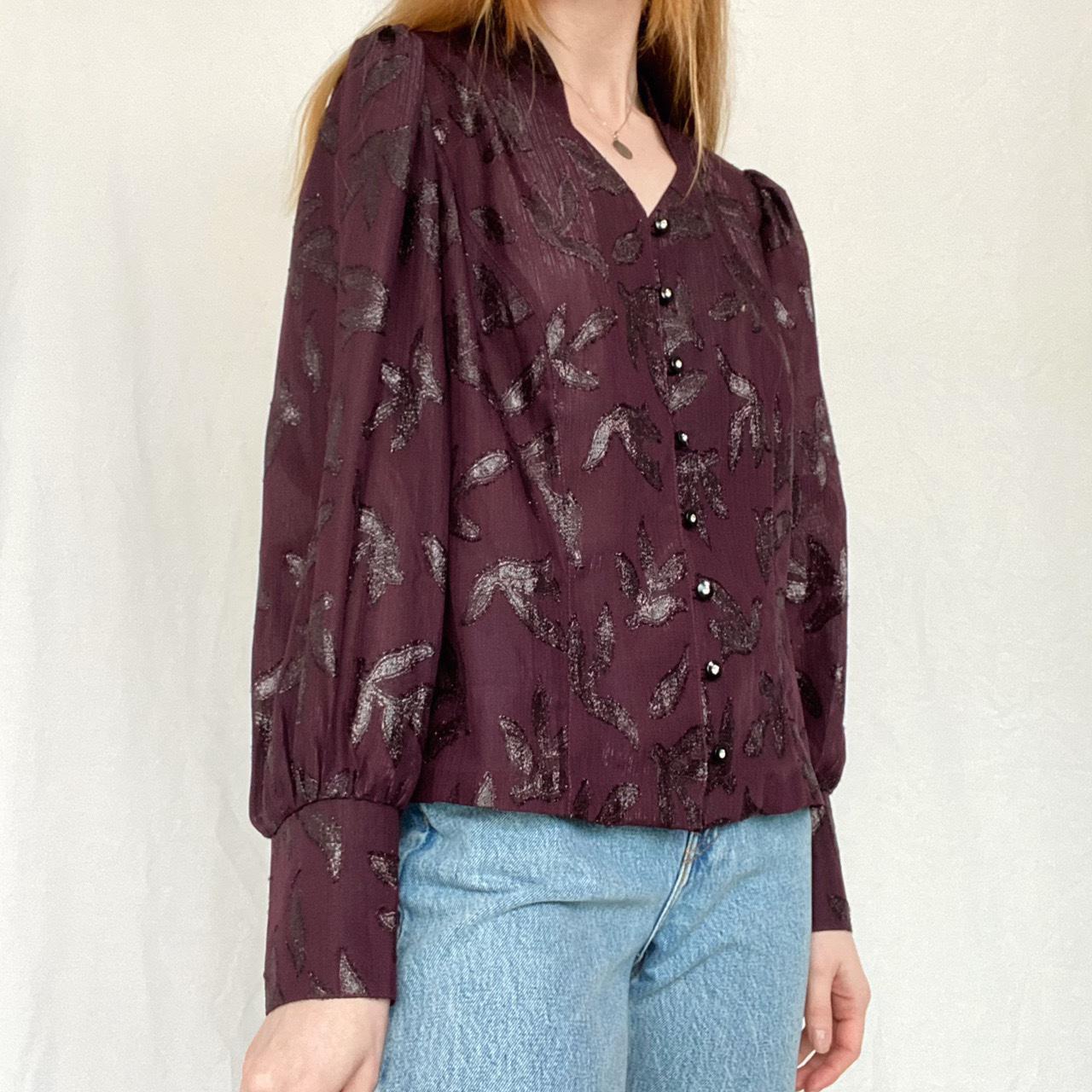 Deep purple floral puff sleeve 80s vintage blouse - Depop