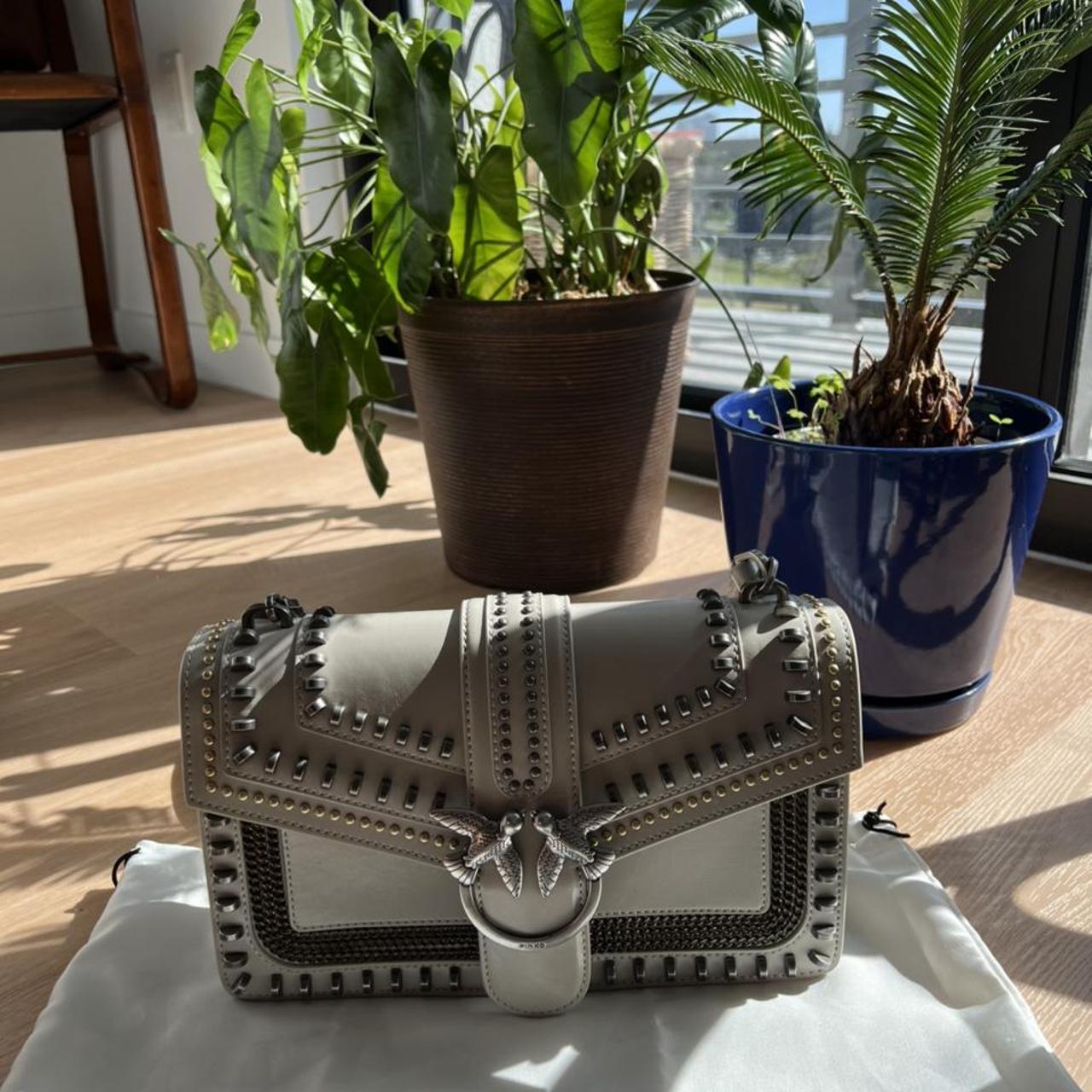 Pinko LOVE BAG. Grey leather decorated with studs Depop