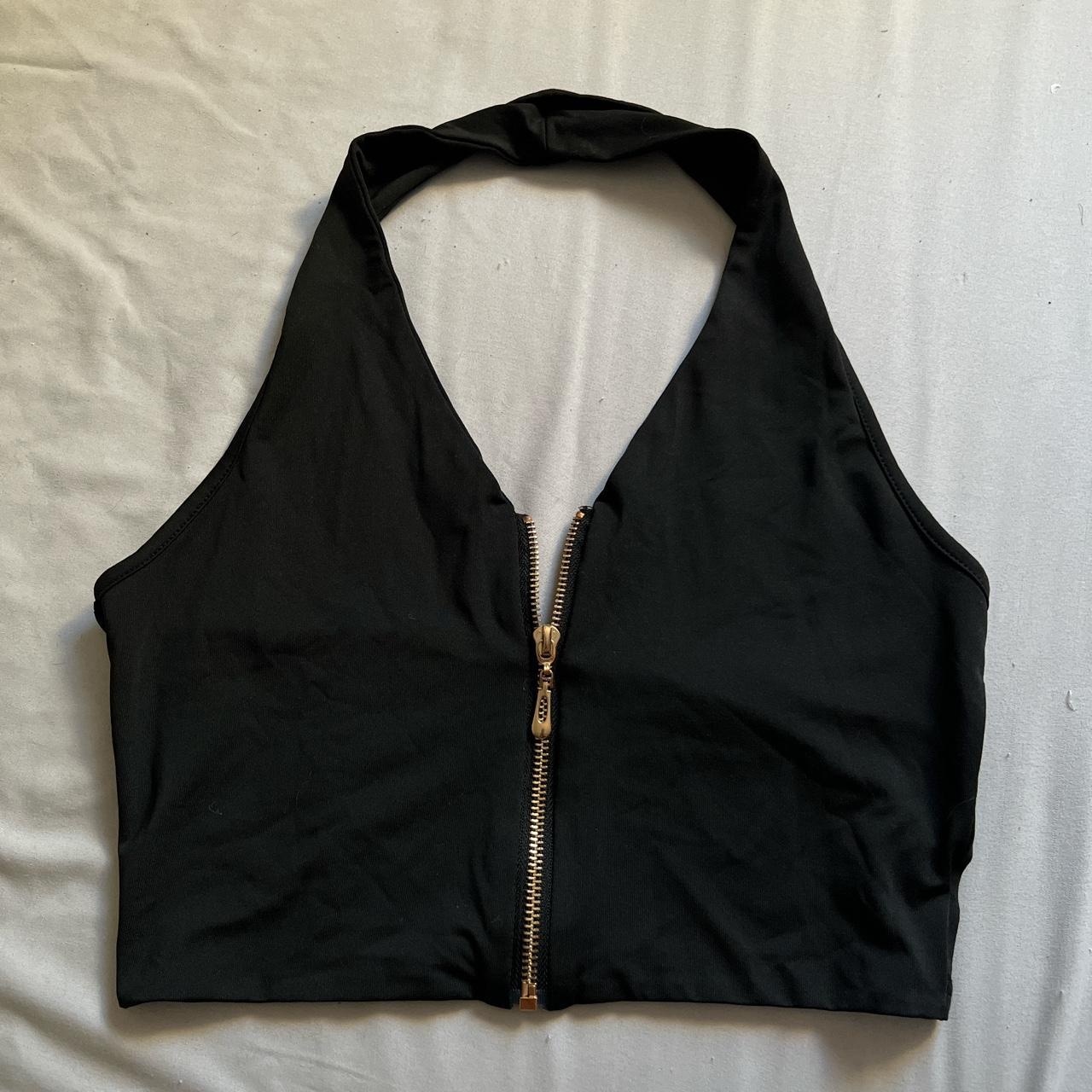 Black Zip Up Halter Top, gold zipper tagged a size... - Depop