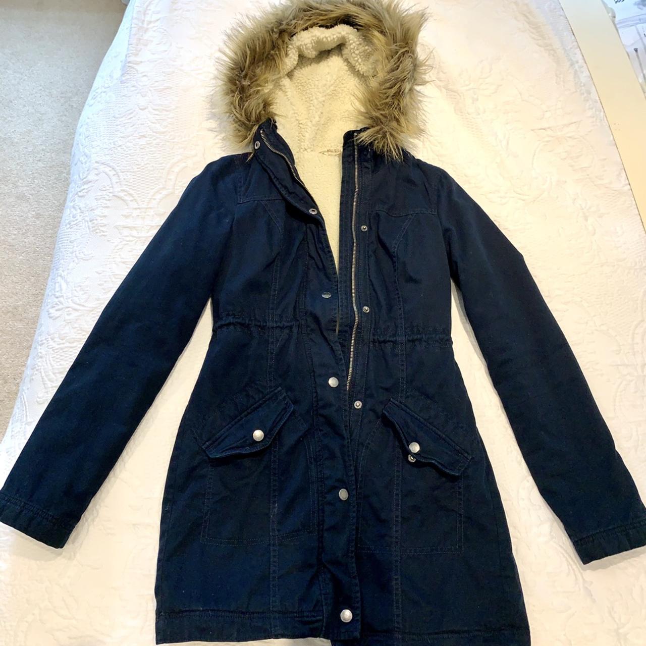 Hollister coat/ jacket navy blue. Super cosy, faux... - Depop