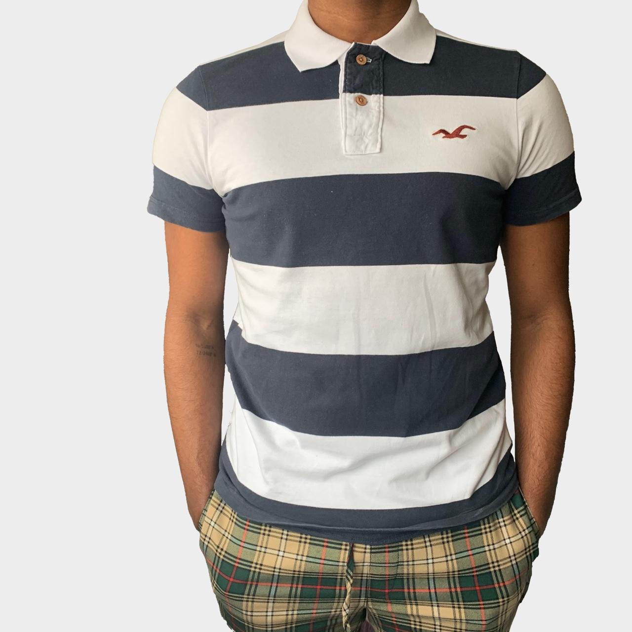 Hollister Block Stripe Polo Shirt This Navy Blue and - Depop