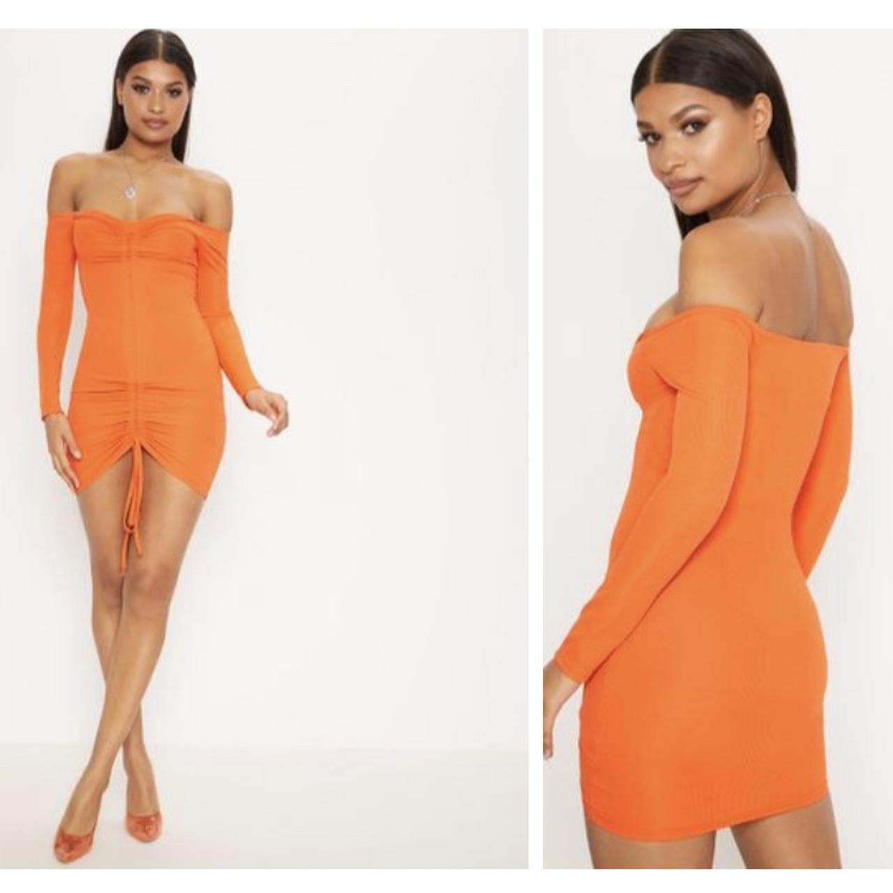 Orange ribbed long sleeve cheap bardot ruched bodycon dress