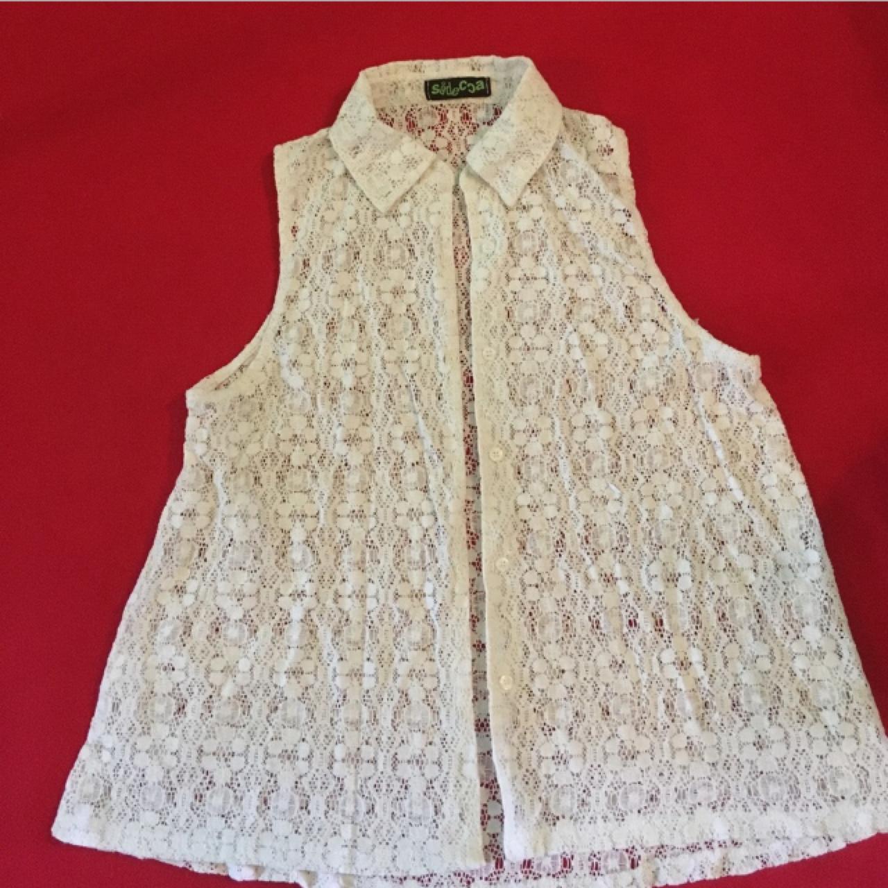 White A-Line Lace Crochet Blouse - Cute white button... - Depop