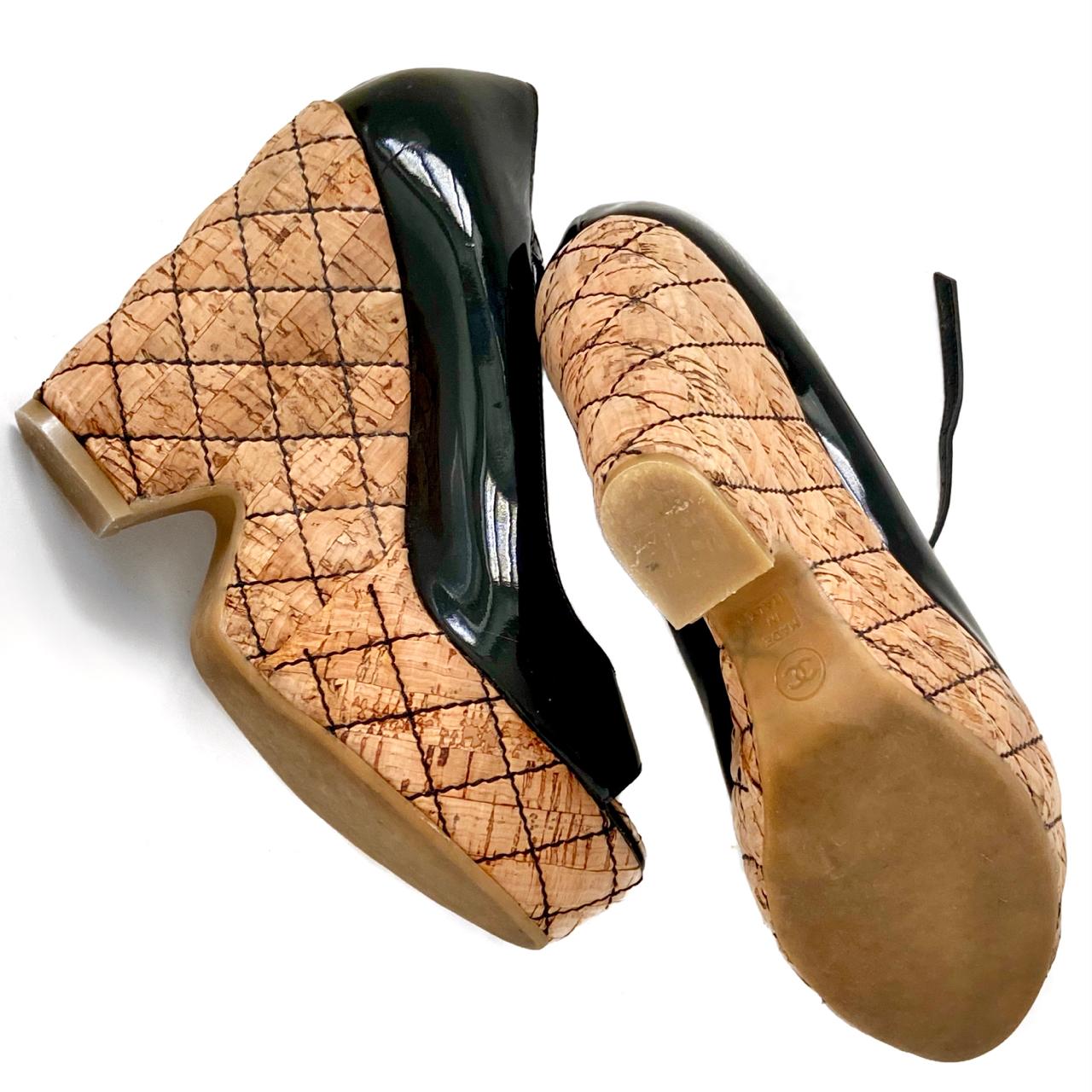 Authentic CHANEL Patent Cork Quilted CC Wedge Peep