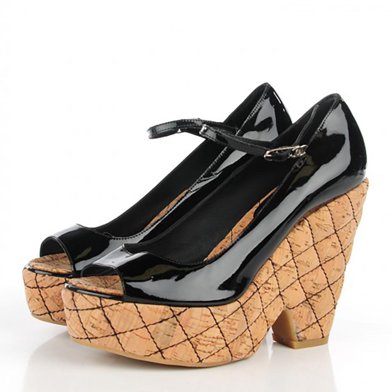 Chanel Black Patent Leather T-Strap CC Logo Wedge Platform Sandals