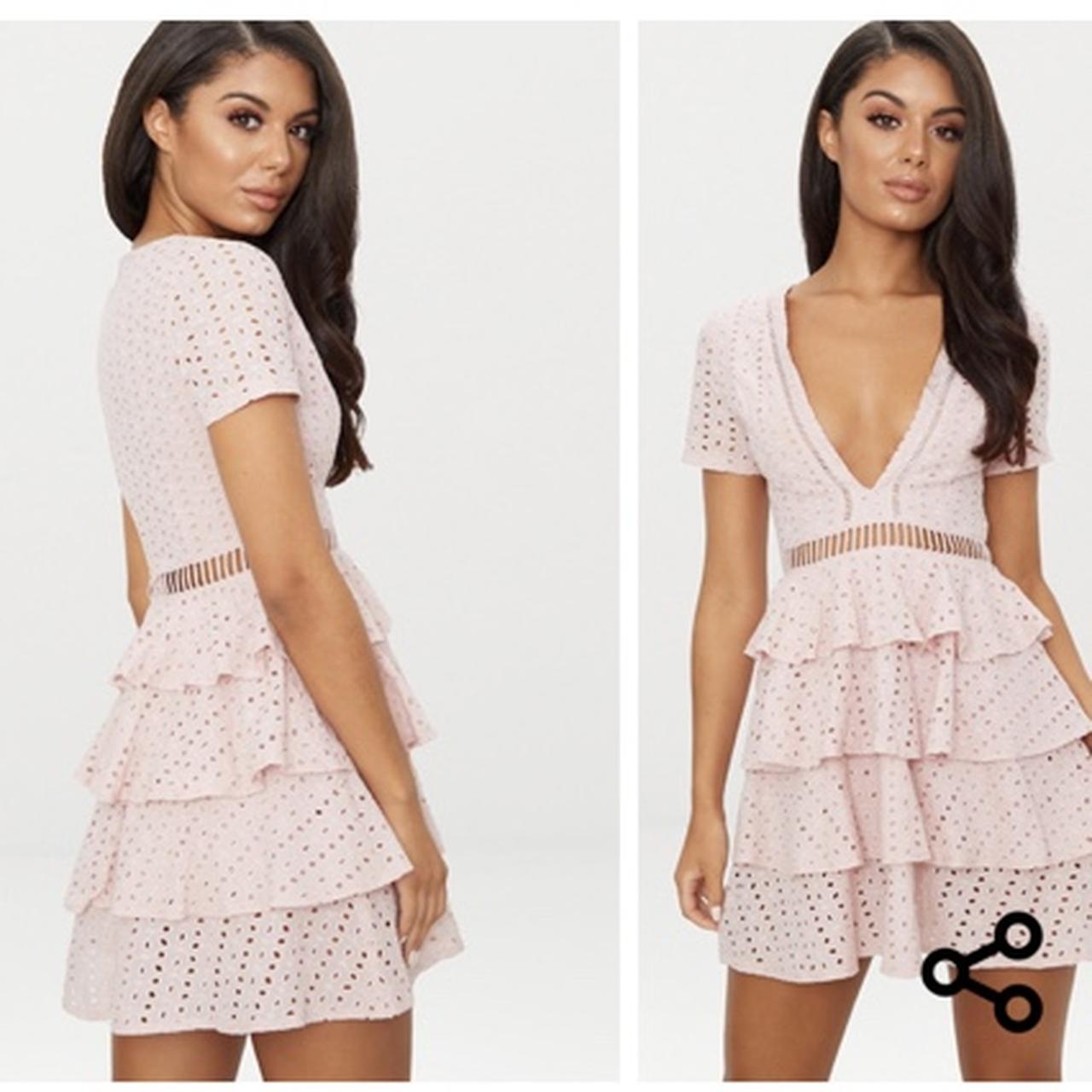 Dusty pink lace tier frill dress from pretty little... Depop